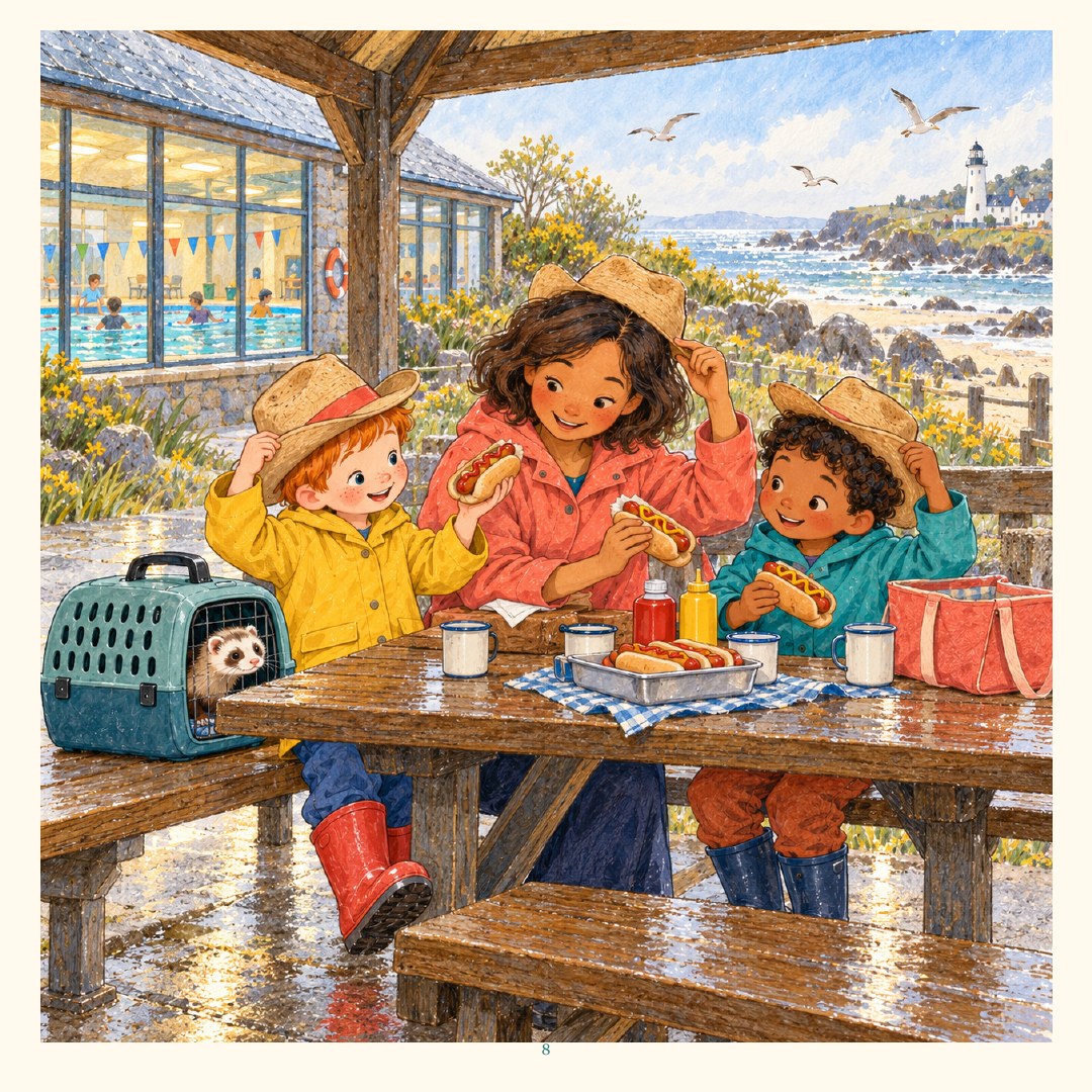 At the picnic shelter, the friends sit with their lunch while seabirds gather nearby.