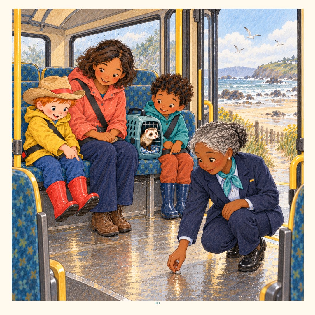 Miss June checks the bus aisle and picks up a pebble before the return trip.