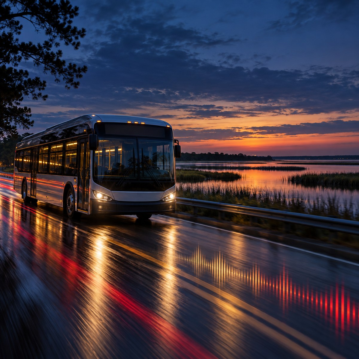 Generated contextual artwork of an unbranded transit bus near Chesapeake marshland at dusk