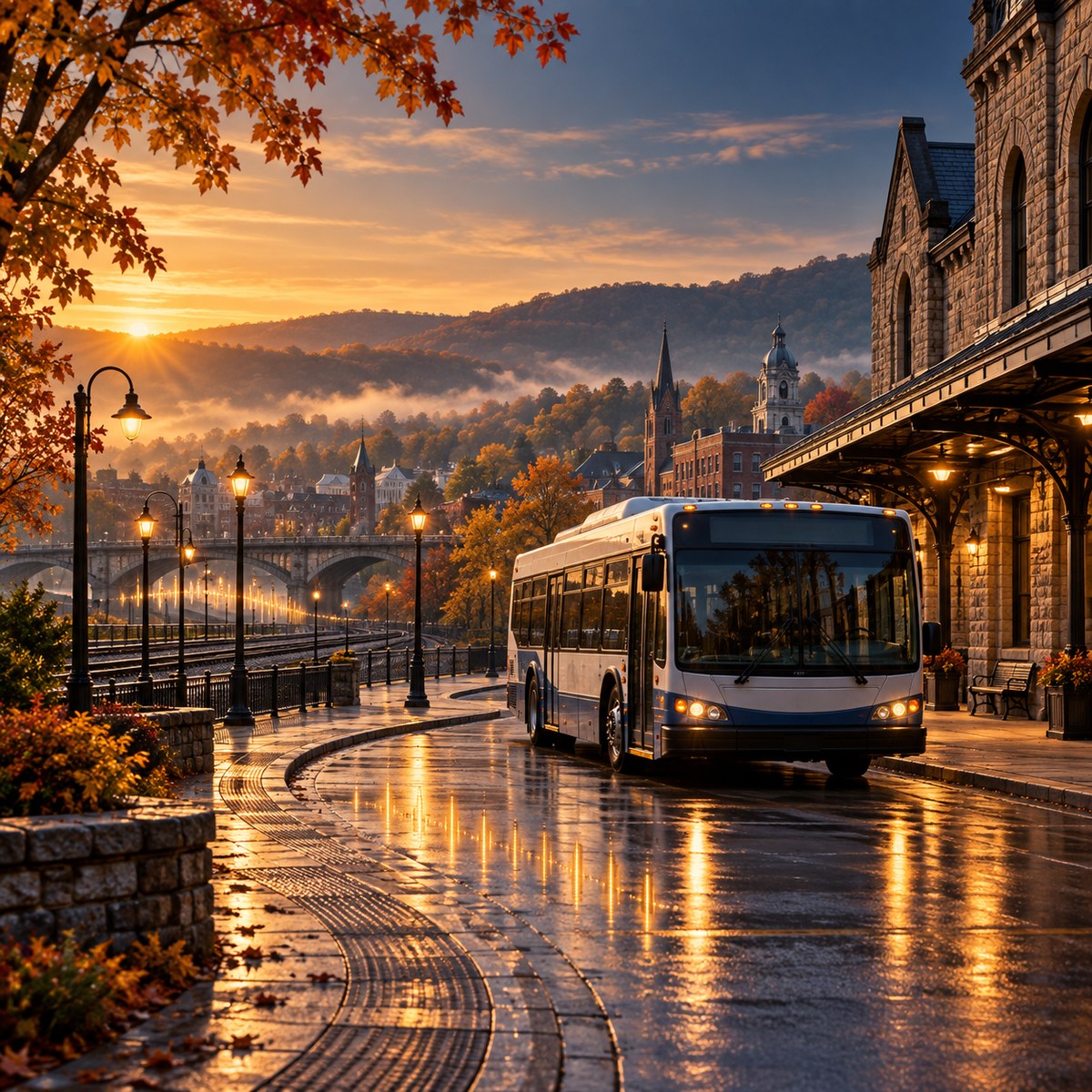 Generated contextual artwork of an unbranded bus in a Pennsylvania small-city streetscape
