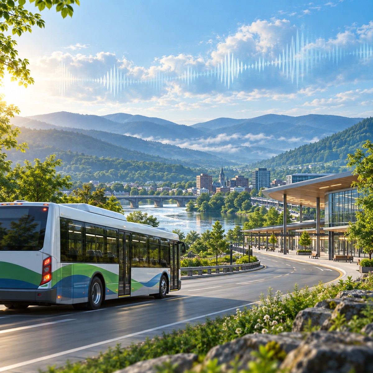 Generated contextual artwork of an unbranded transit bus in a green Pennsylvania valley